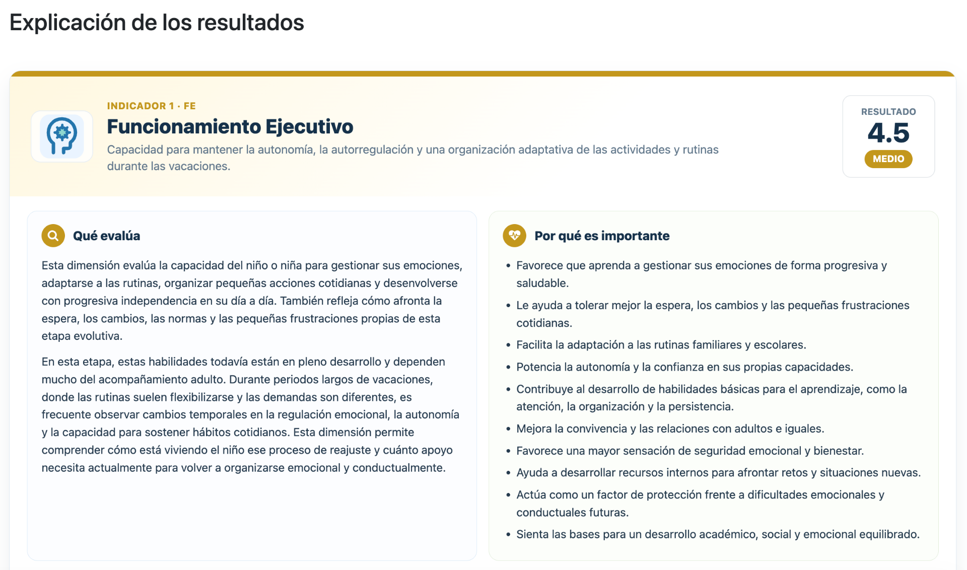 Explicación del resultado por indicador: qué evalúa y por qué es importante.
